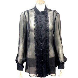 Chicos Black Sheer Silk Lace Button Up Blouse Long Sleeve Vintage Elegant Top 1